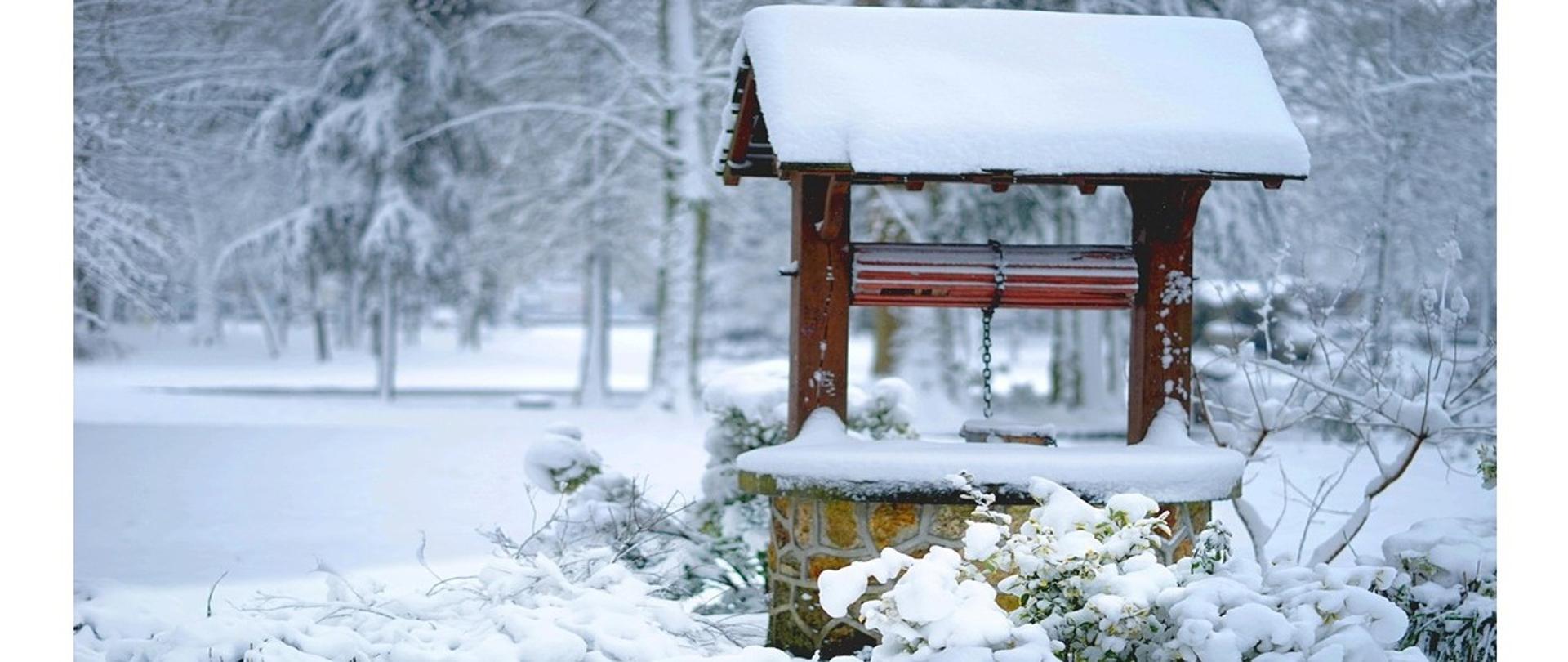 Studnia w zimowej scenerii, w tle las.