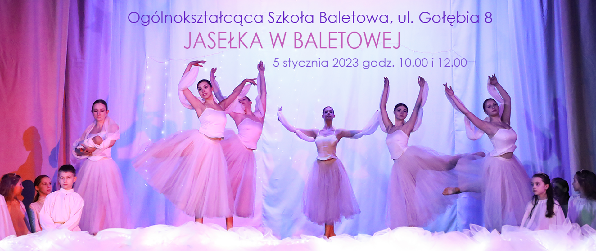 Plakat przedstawiający tancerki w białych strojach z uniesionymi ku górze rękoma, na białym tle, po prawej i lewej stronie dzieci 