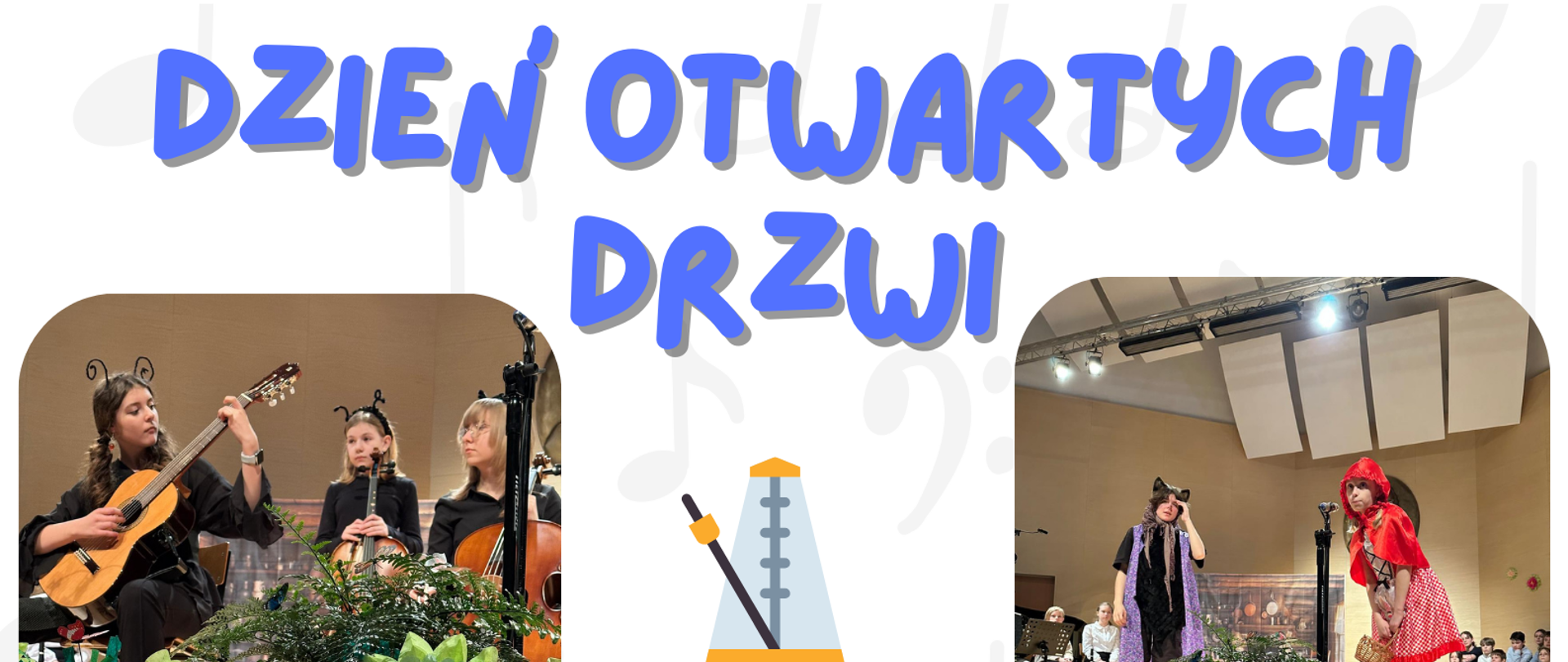 Plakat przedstawia 3 zdjęcia uczniów szkoły występujących podczas koncertów. Na górze widnieje nazwa oraz adres szkoły. Na środku znajduje się data oraz godzina wydarzenia. Na dole widnieją grafiki różnych instrumentów. 