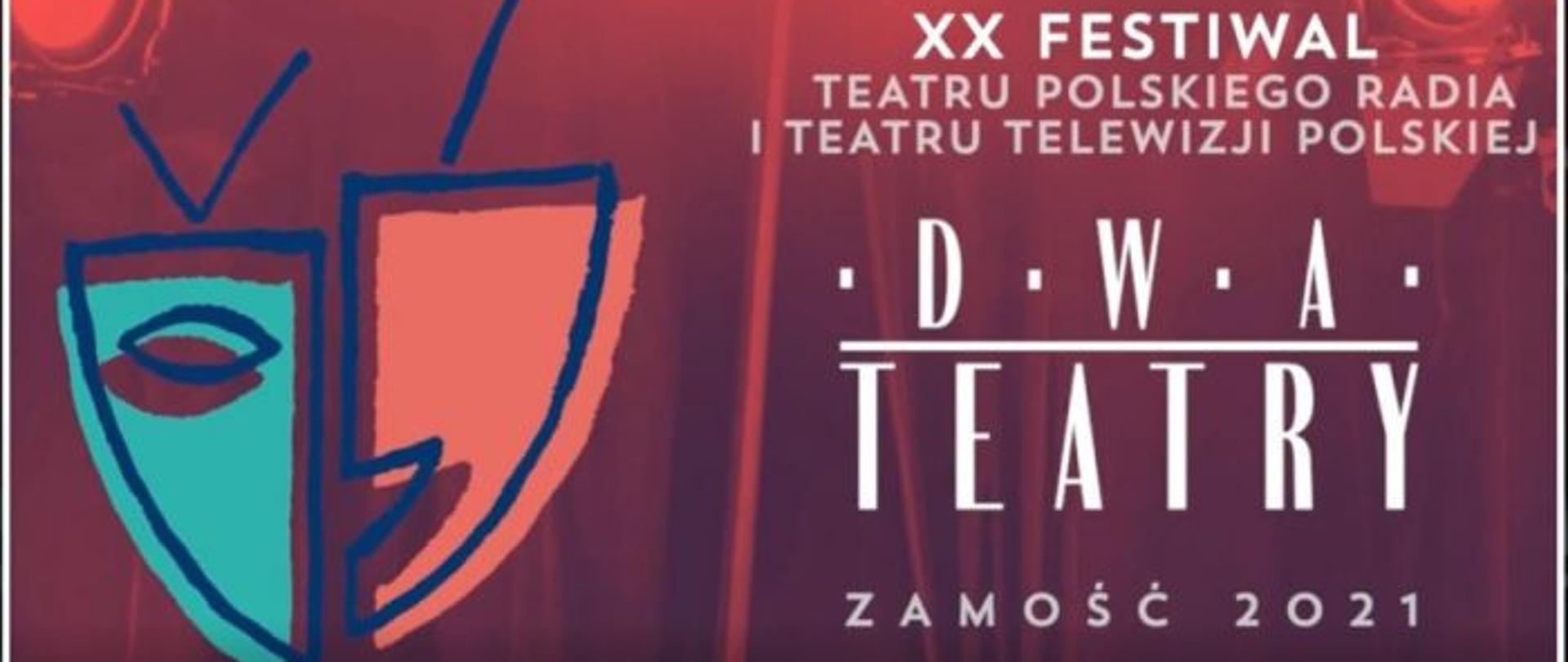 Plakat w poziomie. Dwie maski teatralne na czerwonym tle. Biały napis.