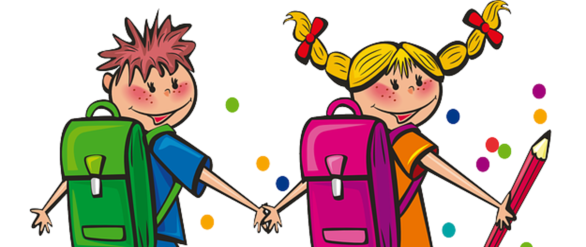 Grafika przedstawia chłopca i dziewczynkę trzymających się za ręce. Chłopiec ma brązowe włosy. Ubrany jest w niebieski podkoszulek i w zielony plecak. Dziewczynka o jasnych włosach ma zawiązane dwa warkocze z czerwonymi kokardkami. Ubrana jest w pomarańczowy podkoszulek i w różowy plecak. W ręce trzyma czerwony ołówek. W tle znajdują się kolorowe kropki.