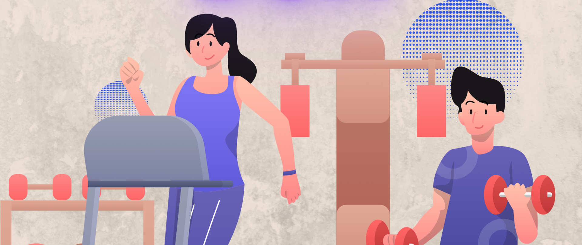 Plakat reklamujący siłownię bursy. Na jasnoszarym tle grafika przedstawiająca mężczyznę i kobietę ćwiczących w siłowni. Informacja tekstowa w kolorze fioletowym.