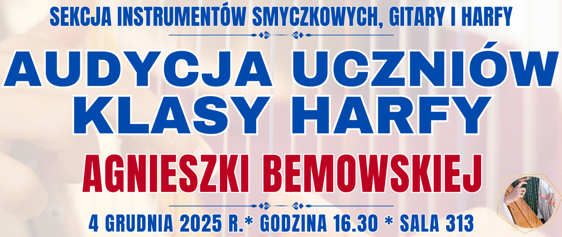 baner z półprzezroczystymi strunami harfy oraz informacja o wydarzeniu