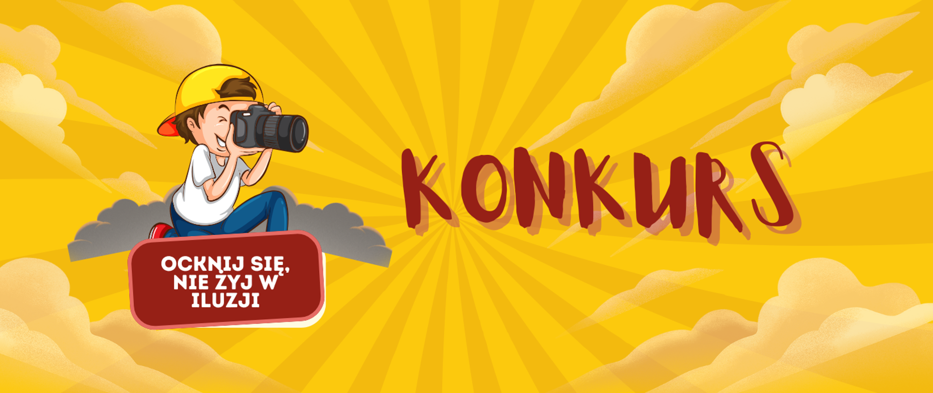 ilustracja chłopca trzymającego aparat oraz napis KONKURS