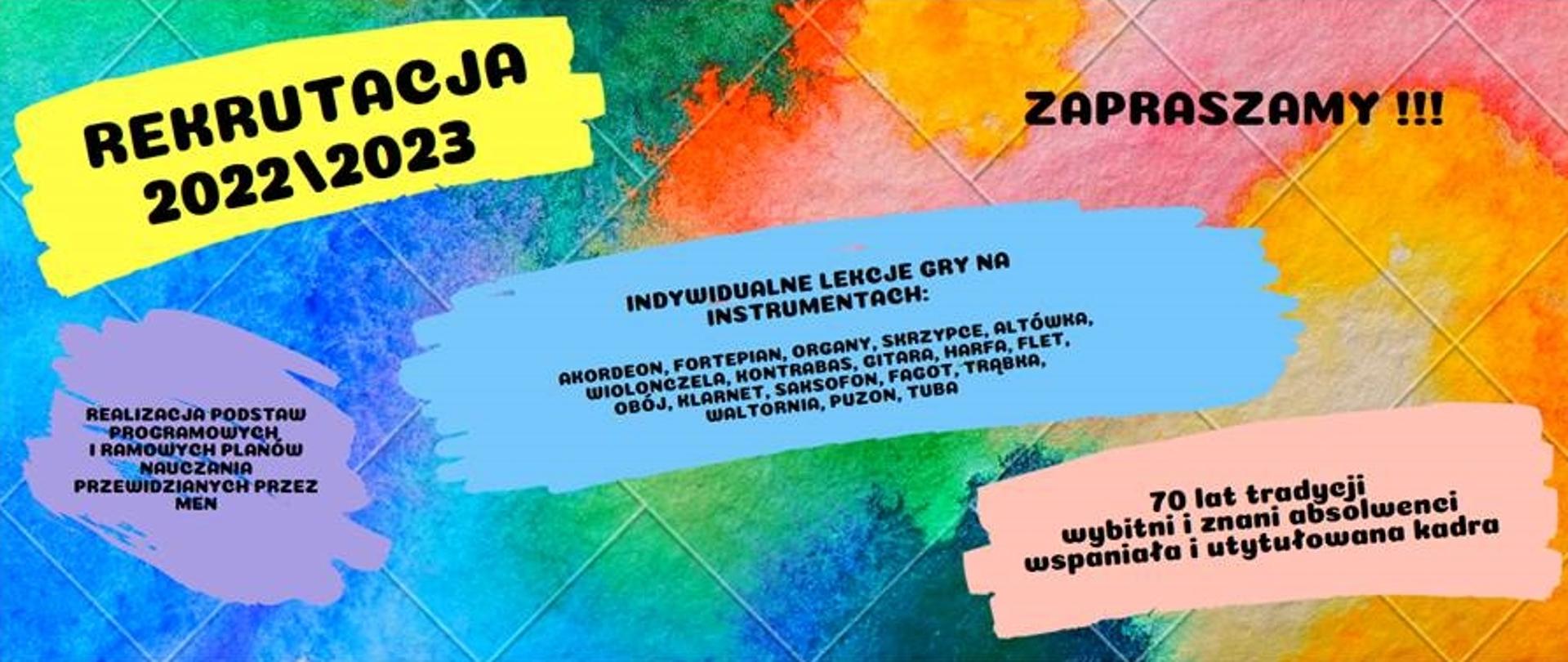 Kolorowy prostokąt z napisami zachęcającymi do zdawania do szkoły - rekrutacja 2022/2023