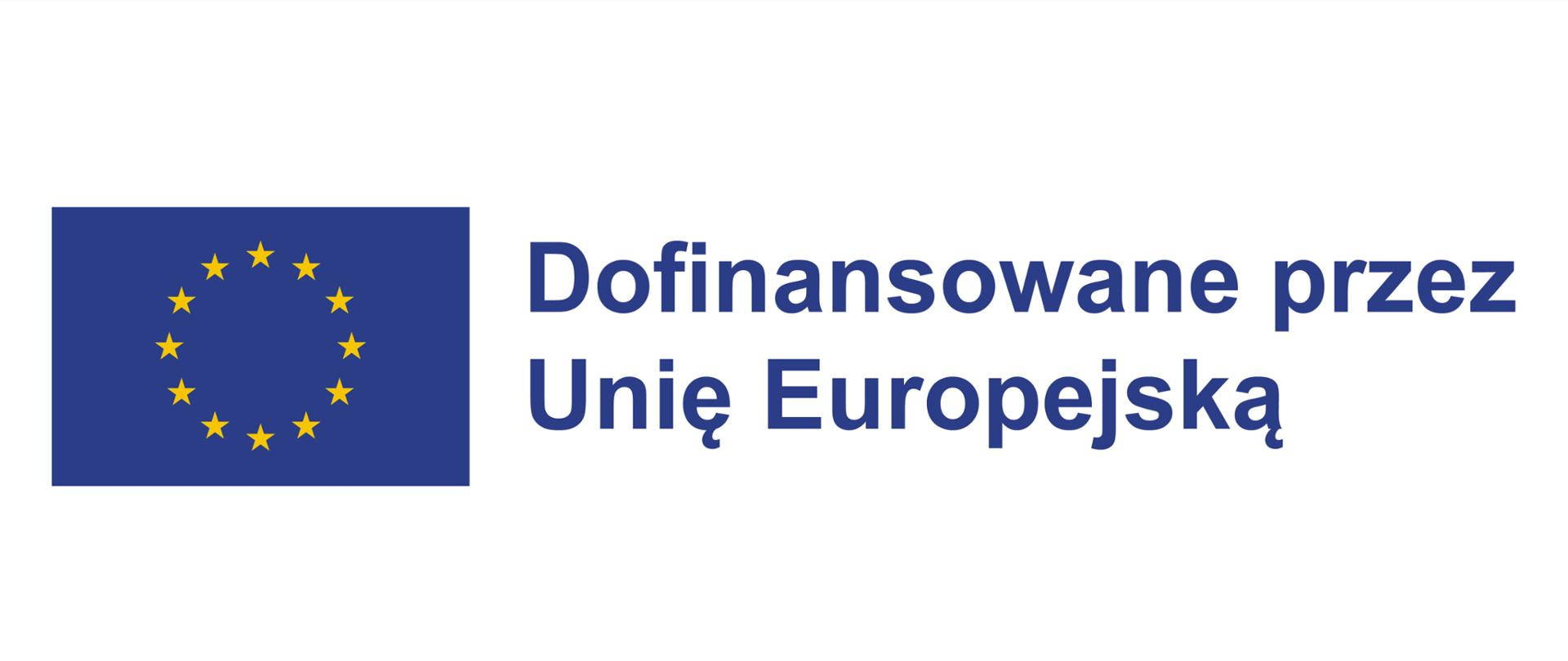 Grafika informuje, że realizowany projekt jest finansowany przez Unię Europejską. Po lewej stronie znajduje się flaga Uni Europejskiej. Na fladze przedstawiony jest okrąg złożony z dwunastu złotych gwiazd na błękitnym tle. Gwiazdy symbolizują jedność, solidarność i harmonię między narodami Europy. Po prawej stronie na błękitnym tle znajduje się napis: "Dofinansowane przez Unię Europejską".