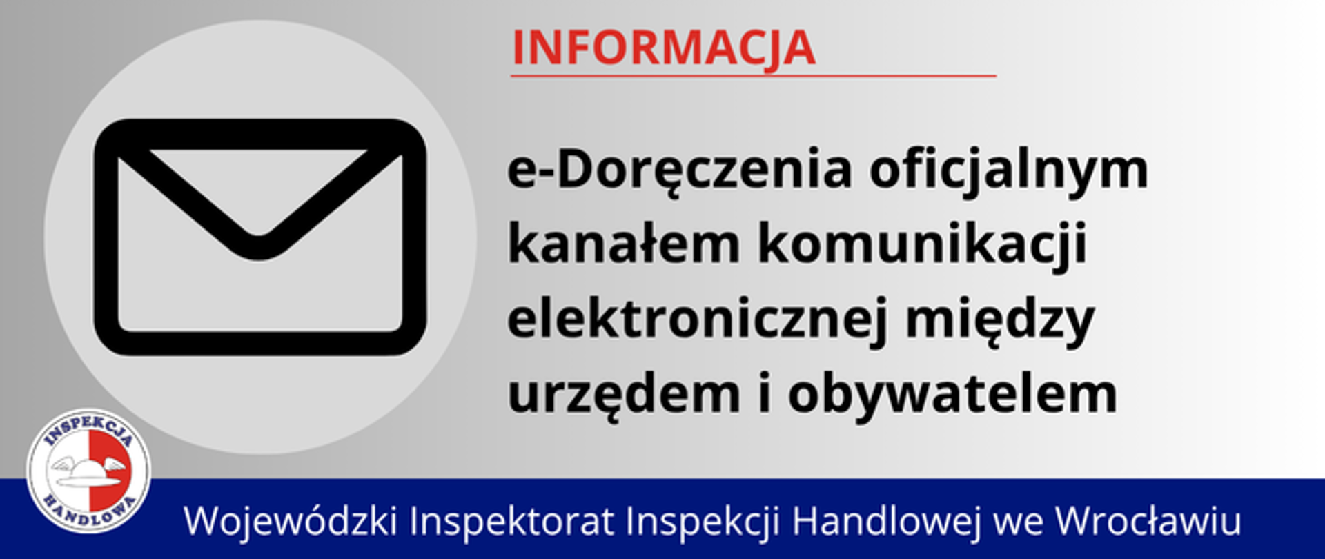 Grafika informacyjna. Po lewej stronie grafika - koperta. Po prawej tekst: „e-Doręczenia oficjalnym kanałem komunikacji elektronicznej między urzędem i obywatelem „Na dole granatowy pasek z napisem „Wojewódzki Inspektorat Inspekcji Handlowej we Wrocławiu” oraz logo Inspekcji Handlowej.
