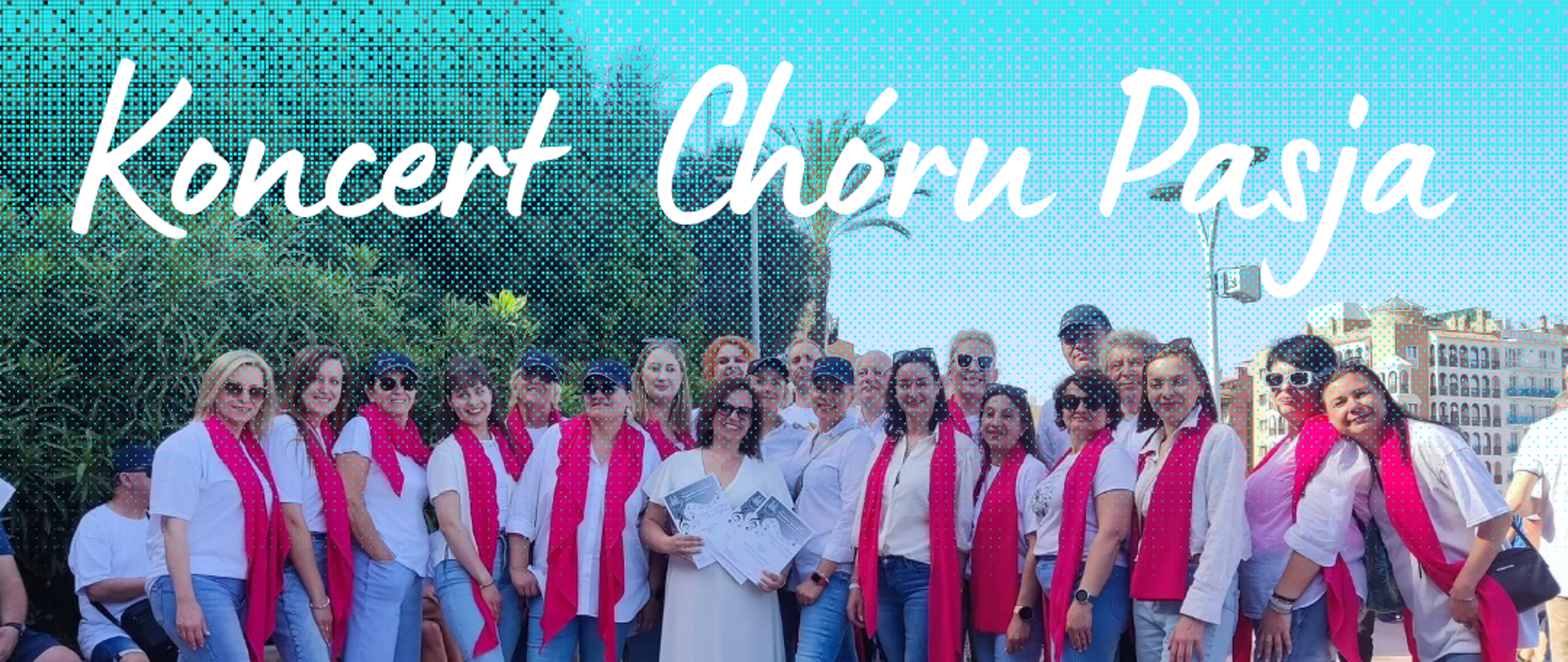 Plakat podzielony na trzy części. W dwóch pierwszych- górnych częściach zdjęcia członków chóru. Na górnym ujęciu biały napis "koncert chóru Pasja", na środkowej części białą czcionką "13 czerwca 2025 r. godz. 18:30". Na dolnej części w tle nuty na pięcioliniach, a na pierwszym planie białą czcionką "Sala koncertowa Państwowej Szkoły Muzycznej I stopnia w Kościerzynie, wstęp wolny, obowiązuje rezerwacja miejsc tel. 661760000".