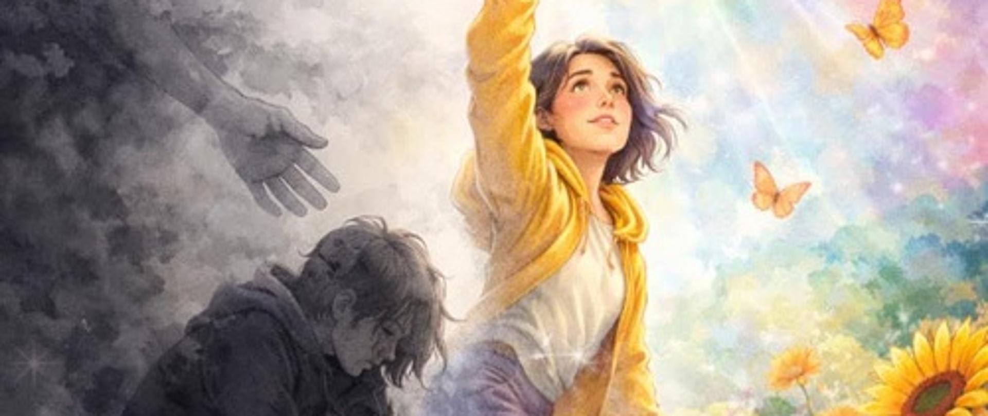 Zdjęcie składa się z dwóch części - kolorowej przedstawiającą uśmiechniętą postać kobiecą i czarno-białej przedstawiającą smutnego chłopca. Napis światowy Dzień Walki z Depresją. Jest nadzieja