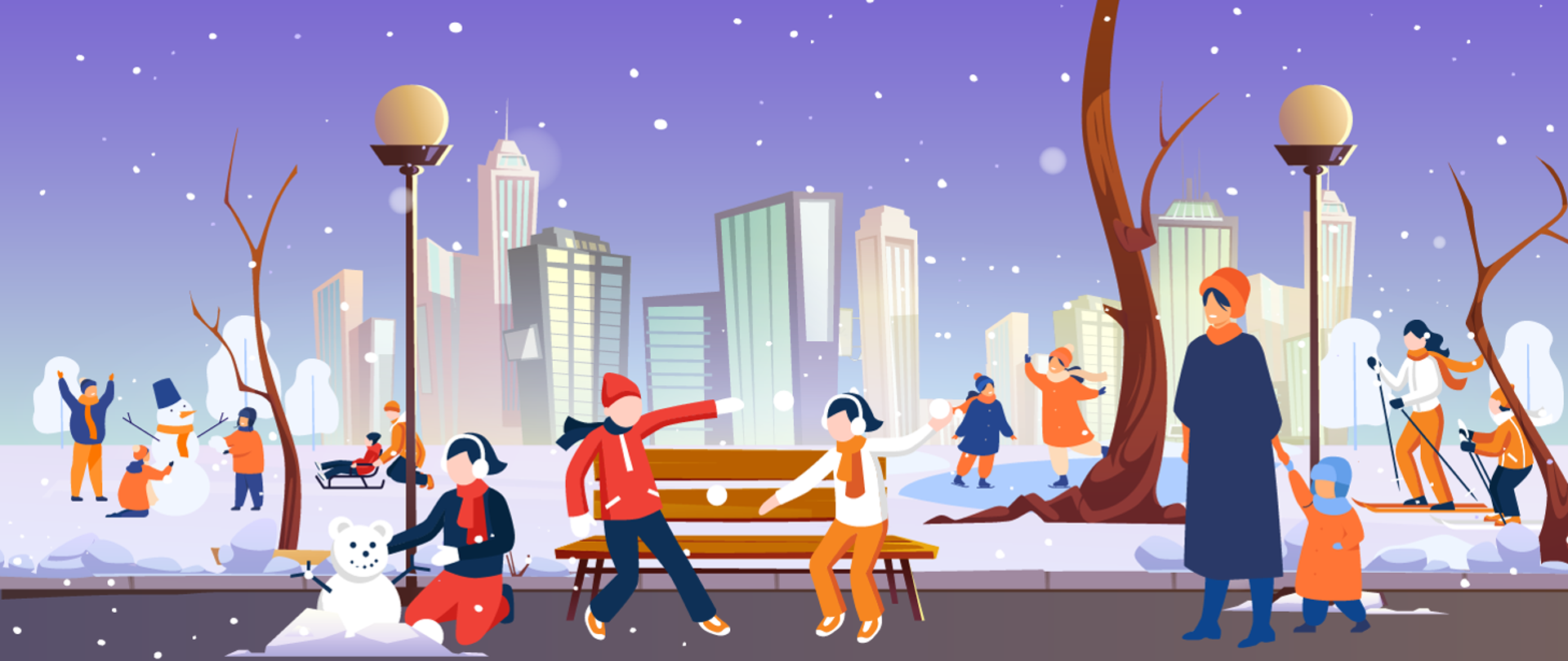 Ilustracja przedstawia zimowy park w mieście. Pada śnieg, a w tle widać nowoczesne wieżowce. Na pierwszym planie dzieci bawią się śniegiem – lepią bałwana i rzucają się śnieżkami przy ławce. Po parku spacerują dorośli z dziećmi, inni jeżdżą na sankach i nartach biegowych. Drzewa są bez liści, a latarnie oświetlają zimową scenerię.