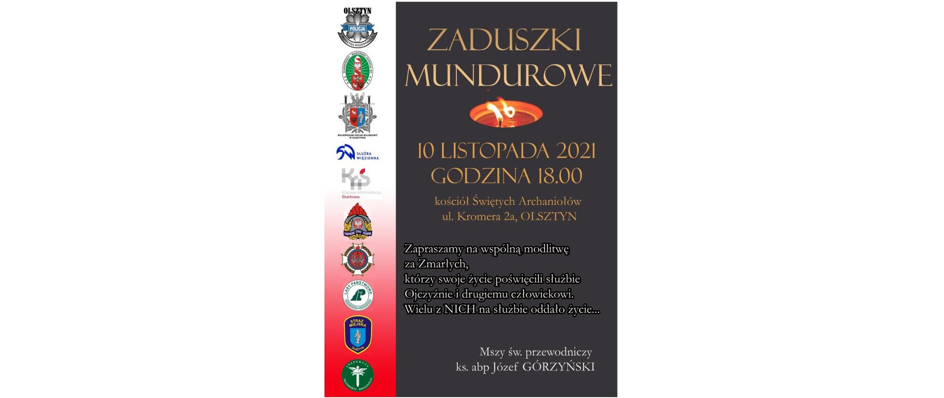 Zdjęcie przedstawia informację o organizowanych 10 listopada 2021 roku Zaduszkach Mundurowych w Olsztynie