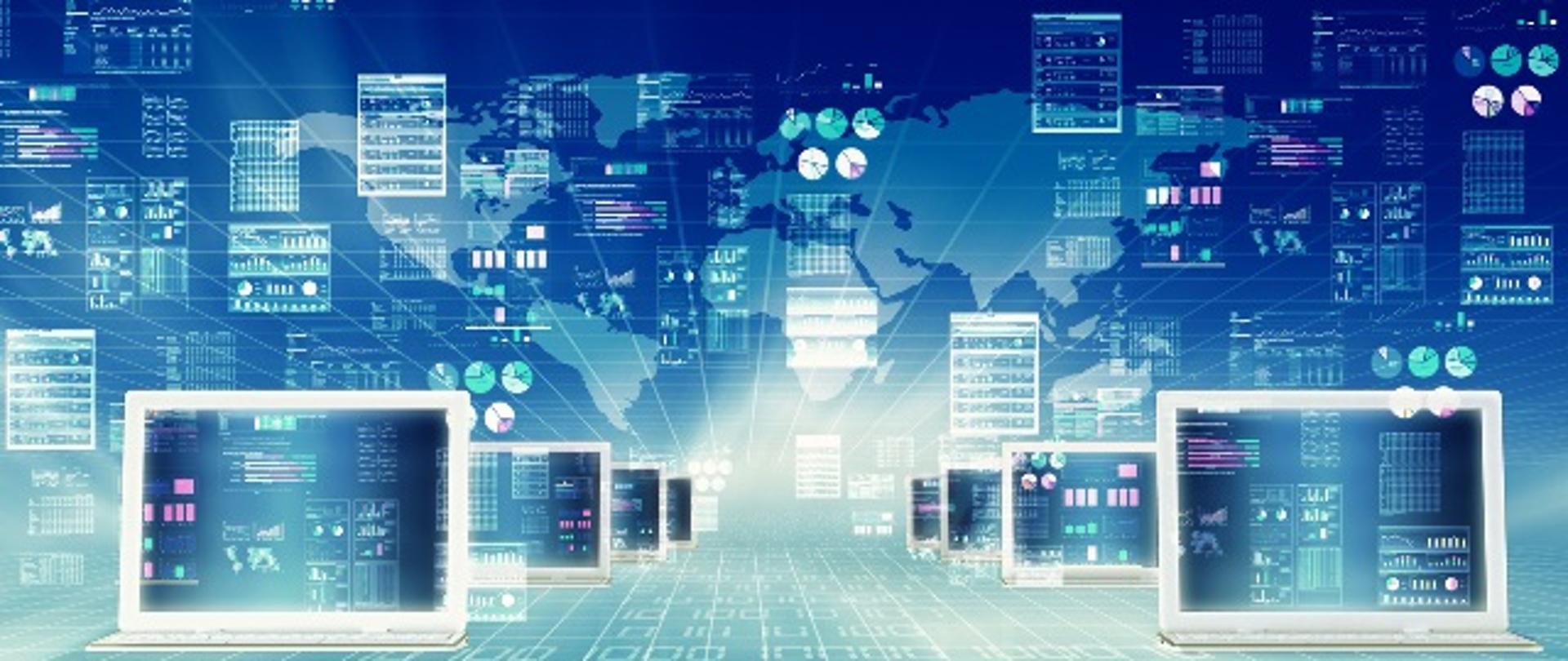 Laptopy ustawione w dwóch rzędach na tle mapy świata.