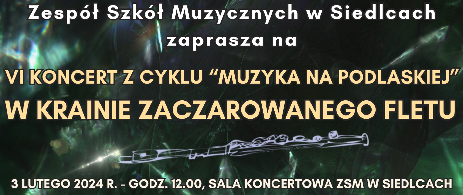ciemne tło z rozmytym fletem poprzecznym oraz informacja o wydarzeniu