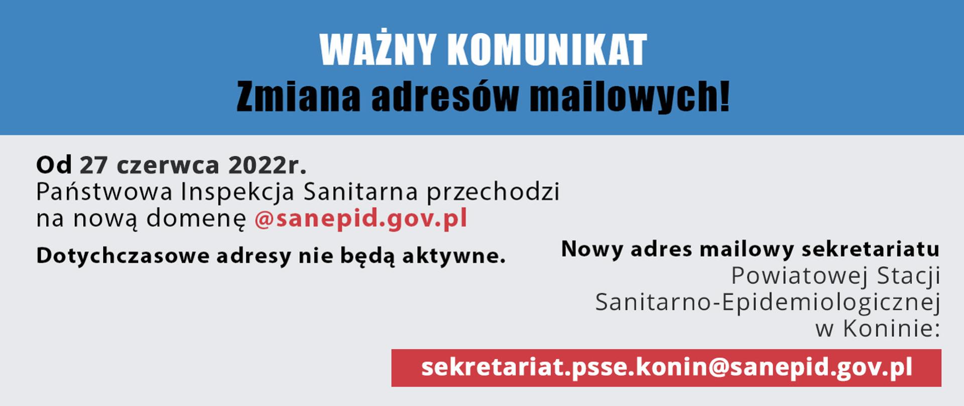 Ważny komunikat! - Zmiana adresów mailowych Państwowej Inspekcji Sanitarnej