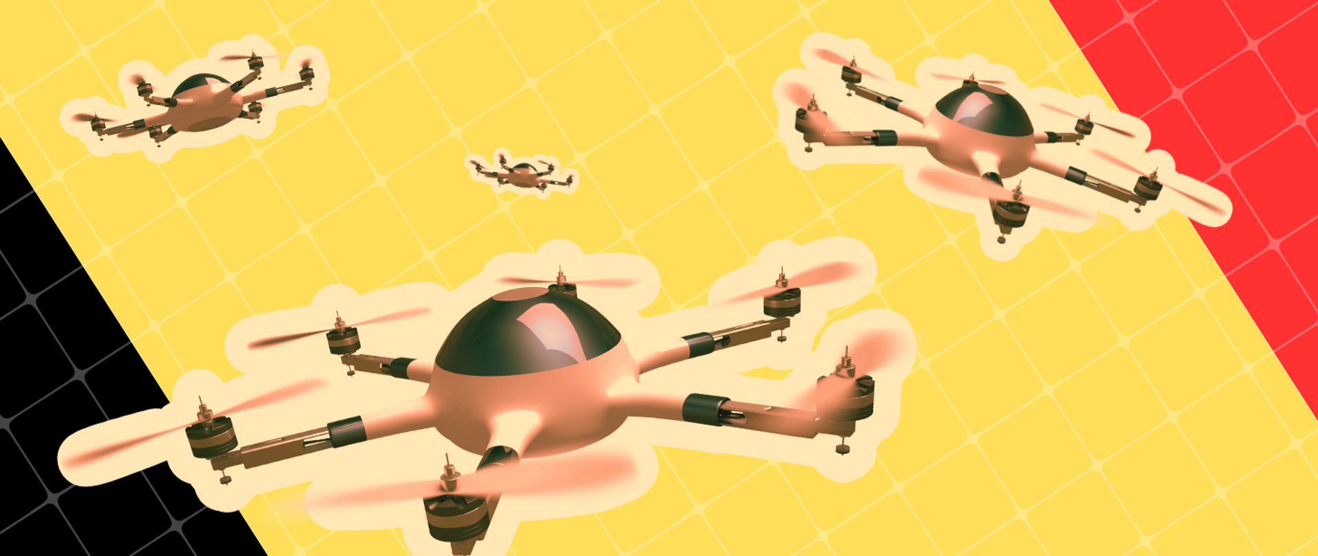 Grupa czterech dronów lata na tle kolorów belgijskiej flagi: czarnego, żółtego i czerwonego. Na kolory nałożona półprzezroczysta siatka.