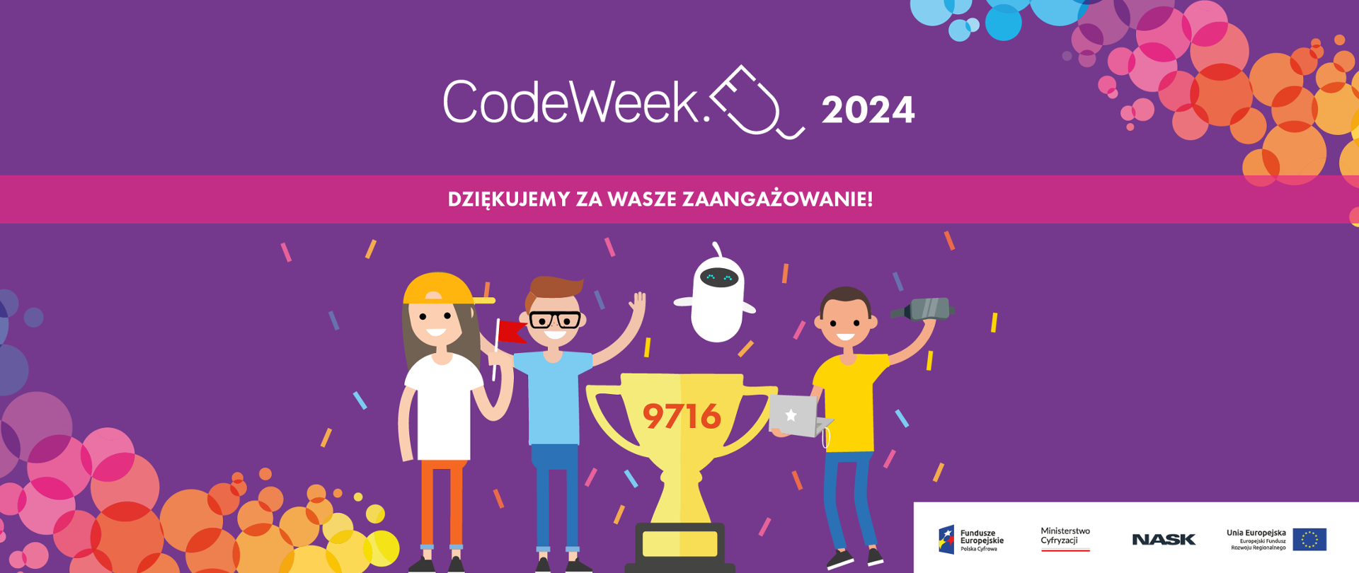 Grafika wektorowa przedstawiająca trzy postaci i puchar. Tekst: CodeWeek 2024. Dziękujemy za Wasze zaangażowanie!