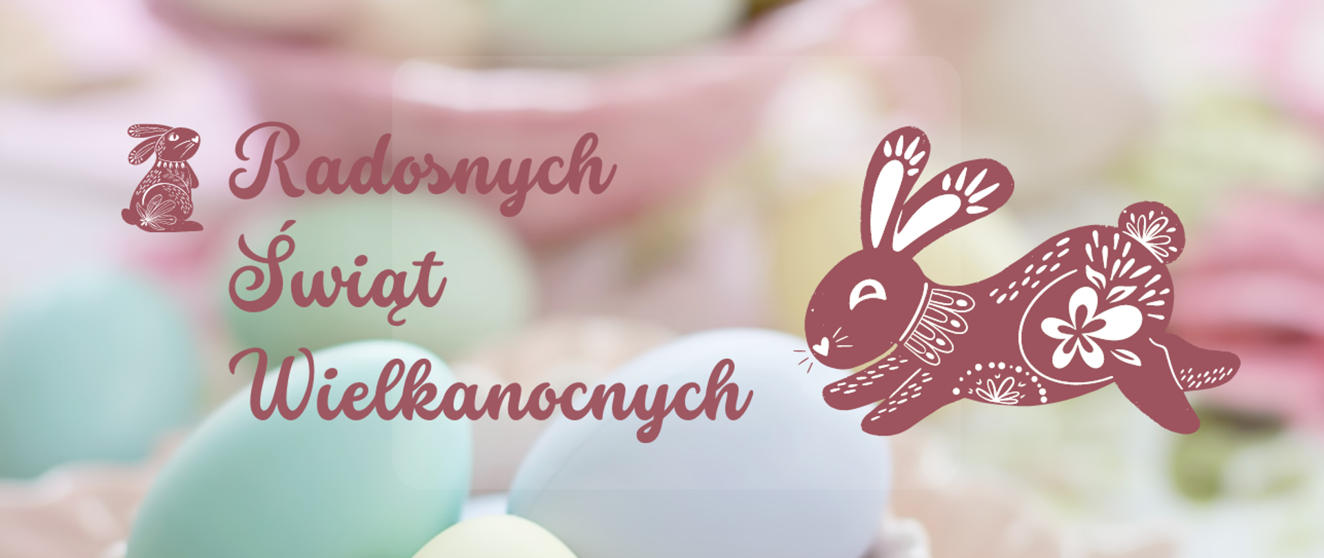 Baner do życzeń na Święta Wielkanocne ma brązowe litery, w tle motyw z pisankami oraz 2 obrazy zajączków wielkanocnych w kolorze brązowym