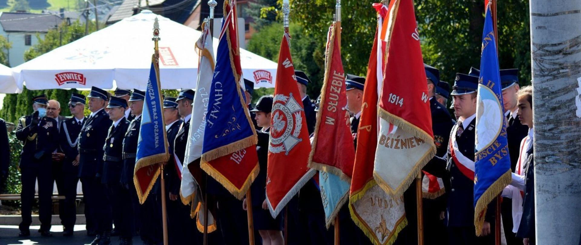 Na zdjęciu znajdują się strażacy ochotnicy w mundurach wyjściowych trzymając poczty sztandarowe swoich jednostek.