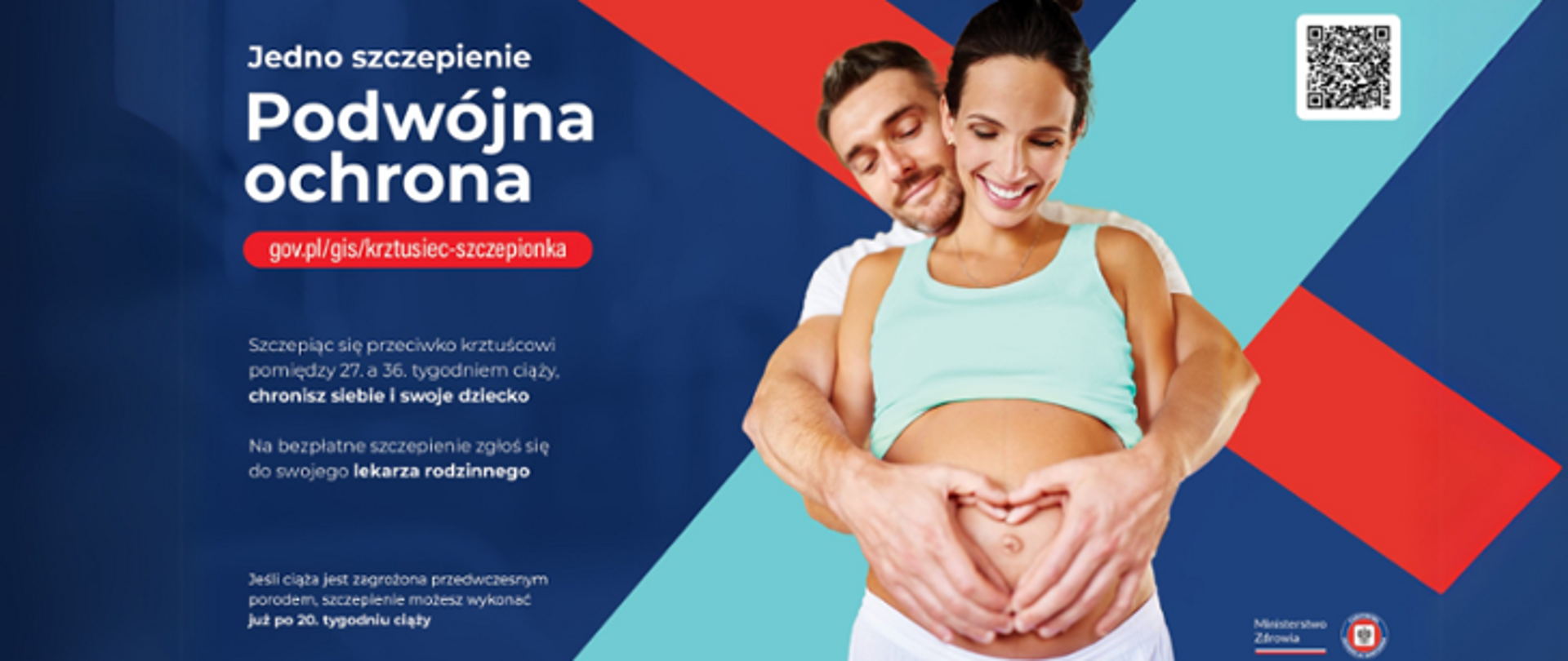 Plakat promujący szczepienie przeciwko krztuścowi. Za kobietą w zaawansowanej ciąży stoi mężczyzna i wspólnie obejmują jej brzuch