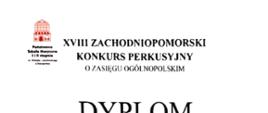Dyplom dla nauczyciela za wyróżniające przygotowanie ucznia podczas konkursu perkusyjnego w Stargardzie. Czarna czcionka na białym tle. W lewym górnym rogu logo szkoły w Stargardzie w kolorze czerwonym.