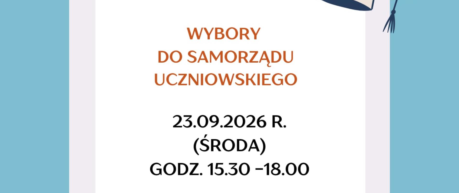Plakat informujący o wyborach do Samorządu Uczniowskiego w Państwowej Szkole Muzycznej I stopnia im. Fryderyka Chopina w Kłodzku. Głosowanie odbędzie się 23 września 2026 r. w godz. 15:30–18:00. Termin zgłaszania kandydatur upływa 22 września