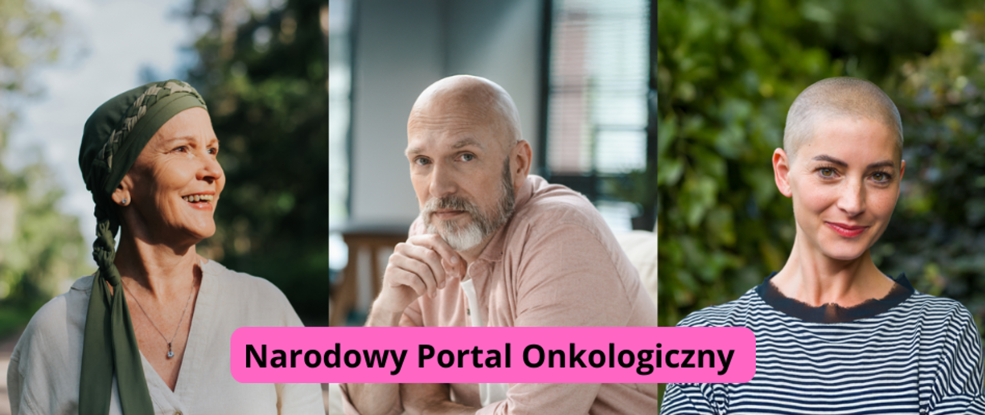 Logo narodowego portalu onkologicznego - na pierwszym planie napis narodowy portal onkologiczny na różowym tle. Na drugim planie twarze osób dwie kobiety po środku mężczyzna