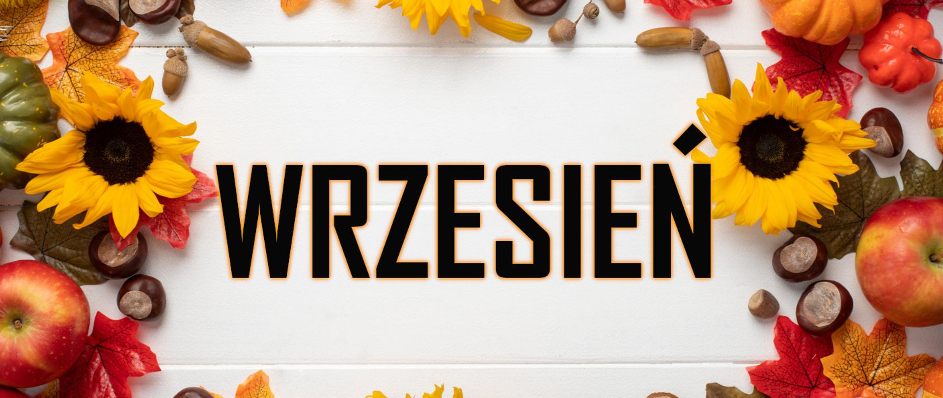 Liście, słoneczniki, kasztany i żołędzie a między nimi na białym tle napis wrzesień 