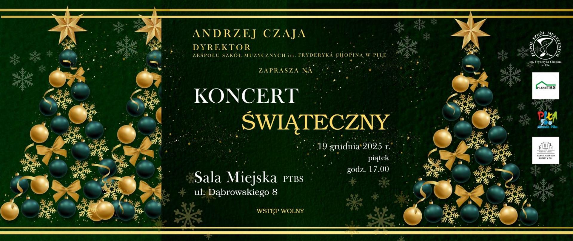 Na zielonym tle po prawej i lewej stronie choinki w zielone i złote bombki, złote gwiazdki i kokardy. Na środku opis wydarzenia. Po prawej stronie logo patronów wydarzenia Pilskie TBS, Piła Miasto, RCK i ZSM im. F. Chopina w Pile