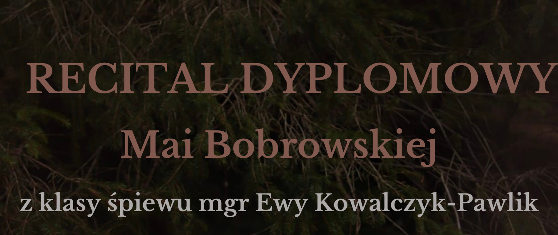 Plakat to zdjęcie uczennicy śpiewającej recital dyplomowy siedzącej na skałach a za nią konary drzew. W górnej części plakatu pełna nazwa wydarzenia oraz dane uczennicy oraz nauczycielki, poniżej po prawej stronie data i godzina recitalu. Następnie dane akompaniatora. Na samym dole miejsce i adres recitalu.