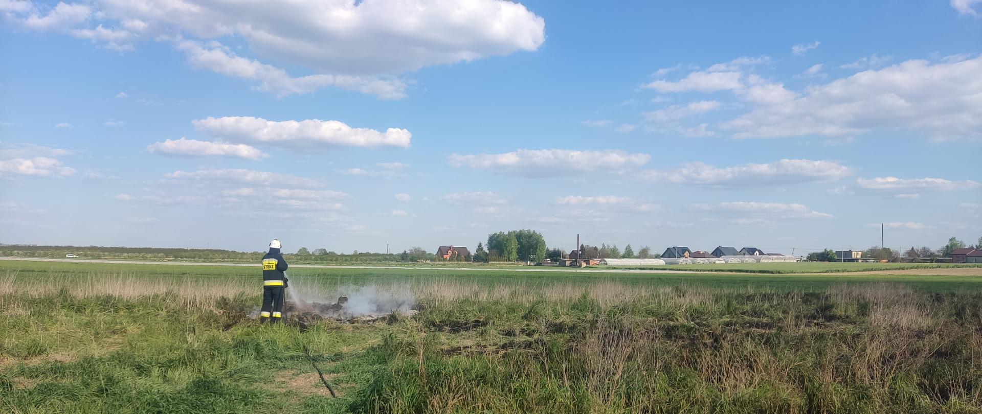 Zdjęcie w ciągu dnia. Widać trawę oraz ratownika. Światło naturalne. W tle zabudowania. Zachmurzenie średnie.