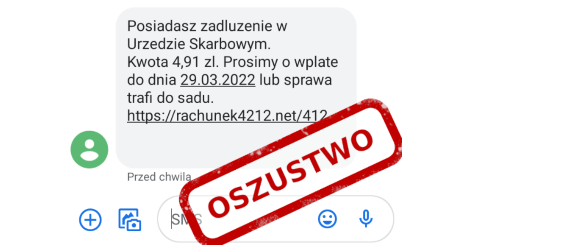Zdjęcie fałszywej wiadomości sms o rzekomym zadłużeniu w Urzędzie Skarbowym 