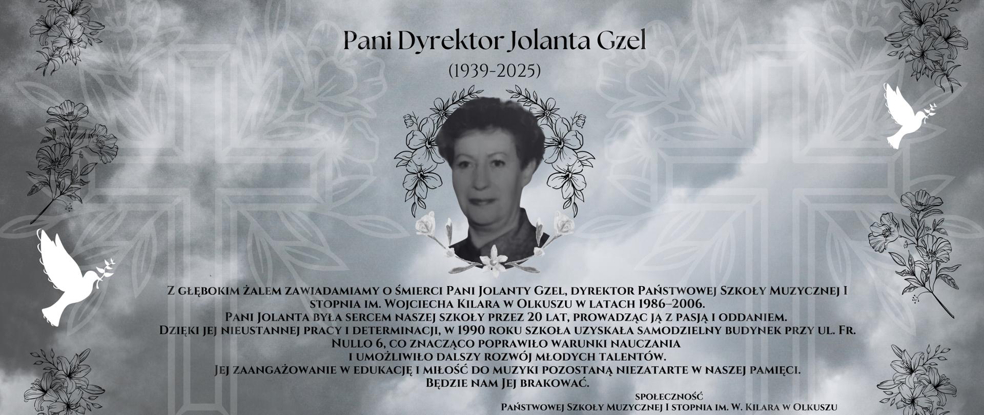 Szare tło pogrzebowe, na środku zdjęcie, tekst czarny, narysowane dwa białe gołąbki