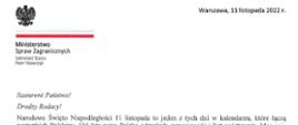 List Sekretarza Stanu w Ministerstwie Spraw Zagranicznych RP, Ministra Piotra Wawrzyka, z okazji Narodowego Święta Niepodległości 11 listopada. 