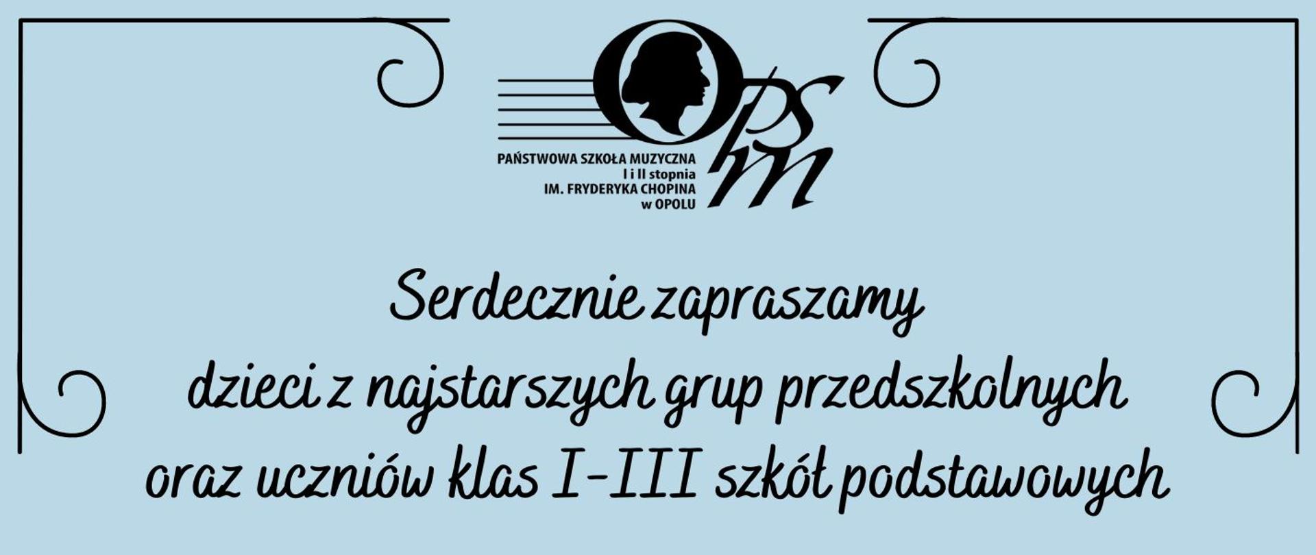 w dolnej części grafika płyty winylowej oraz klawiatury fortepianowej,w górnej części logo szkoły, poniżej szczegółowe informacje dotyczące audycji muzycznych dla szkół i przedszkoli, całość na błękitnym tle