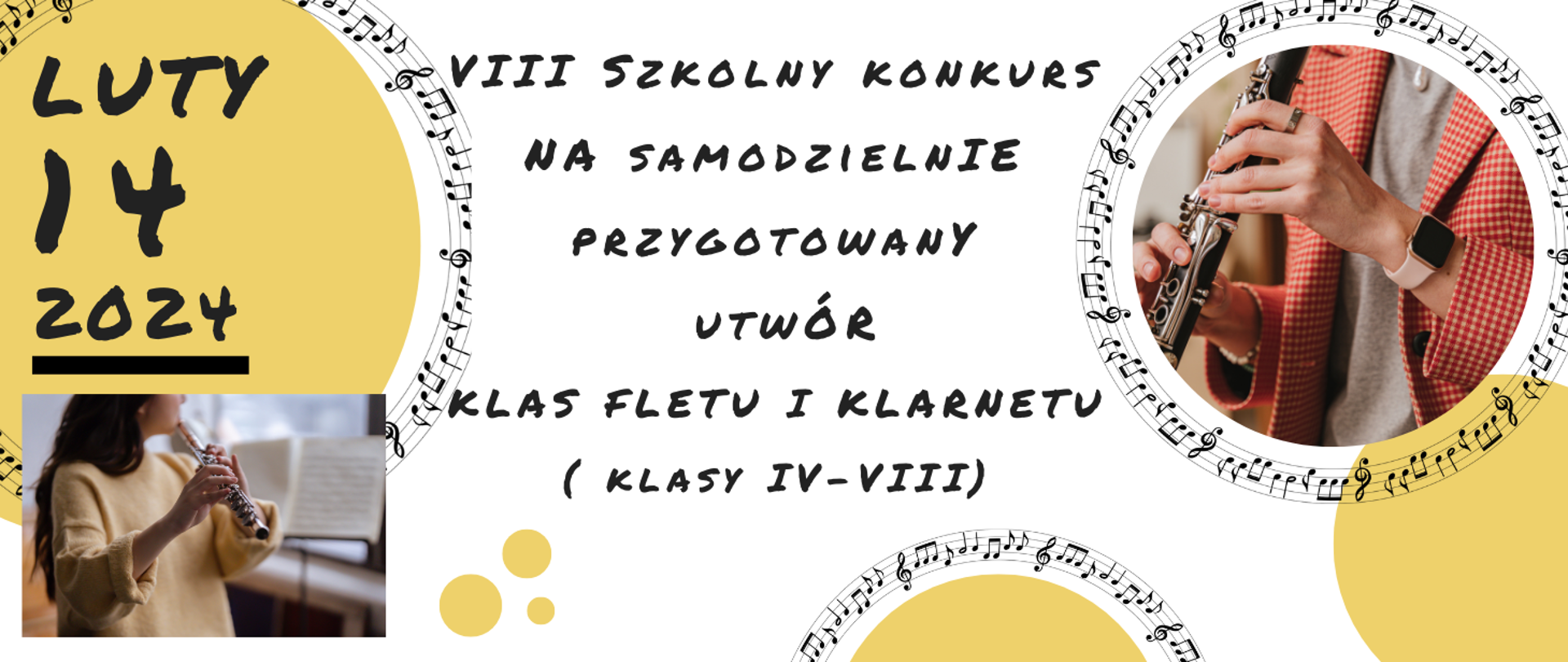Na jasnym tle informacja o VIII Szkolnym konkursie na samodzielnie przygotowany utwór klas fletu i klarnetu 14.02.2024r. Po bokach plakatu zdjęcia osób grających na flecie i klarnecie.
