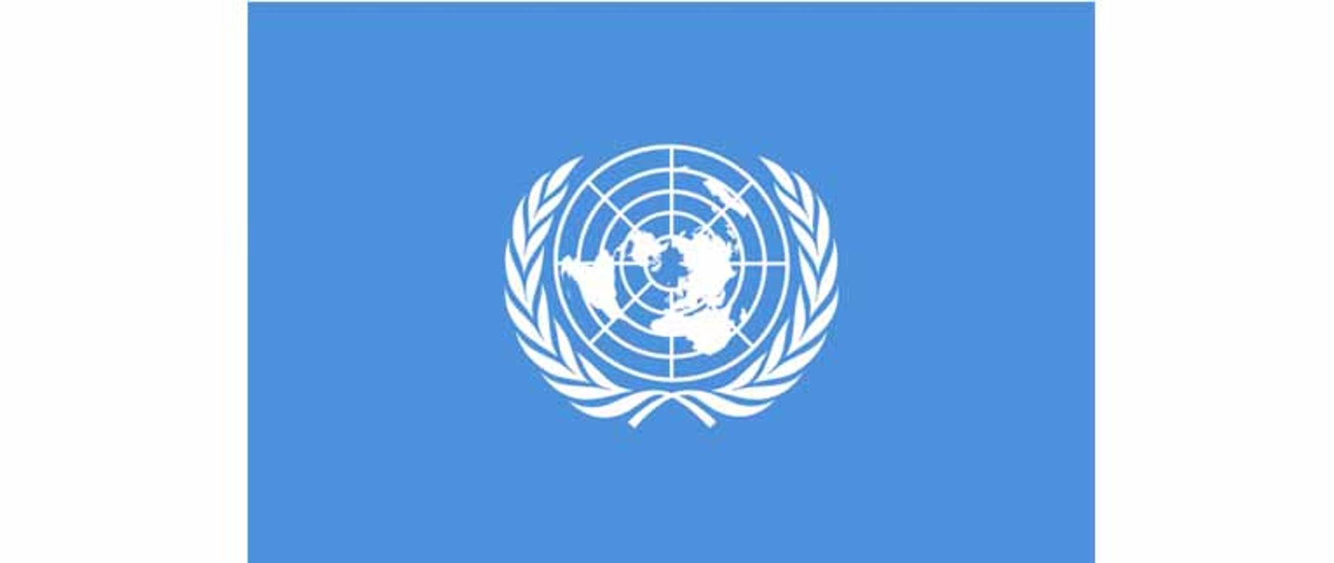 Niebieskie tło a na nim mapa świata otoczona laurem