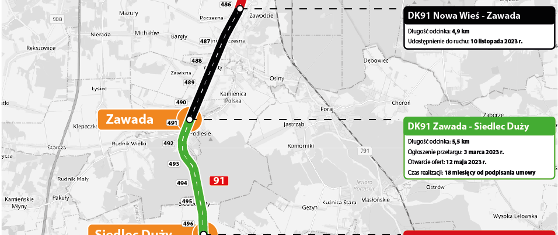 Mapa stanu przebudowy DK91 Częstochowa — Podwarpie