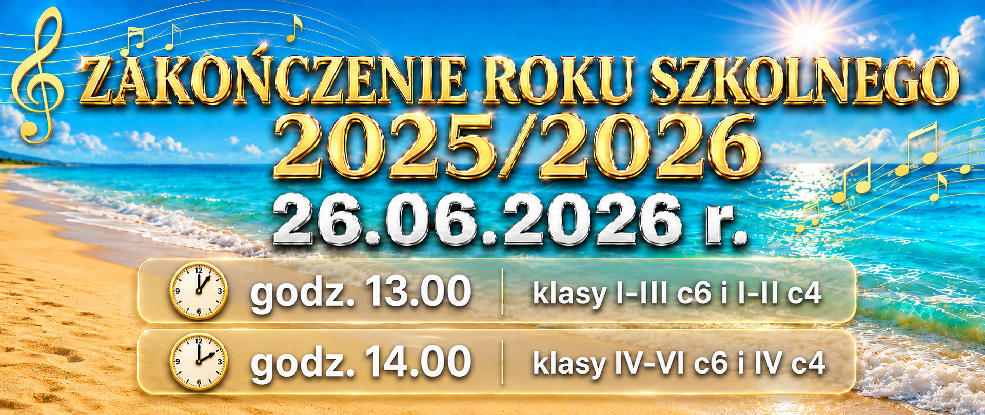 Plakat informujący o zakończeniu roku szkolnego 2025/2026 na tle słonecznej plaży i morza. U góry duży złoty napis: „ZAKOŃCZENIE ROKU SZKOLNEGO 2025/2026”. Poniżej data: „26.06.2026 r.”. W dolnej części znajdują się dwie informacje o godzinach uroczystości: o godz. 13.00 dla klas I–III cyklu sześcioletniego i I–II cyklu czteroletniego oraz o godz. 14.00 dla klas IV–VI cyklu sześcioletniego i IV cyklu czteroletniego. Obok godzin umieszczono analogowe zegary wskazujące odpowiednio 13:00 i 14:00. Dekorację stanowią złote nuty i pięciolinie nawiązujące do charakteru szkoły muzycznej.
