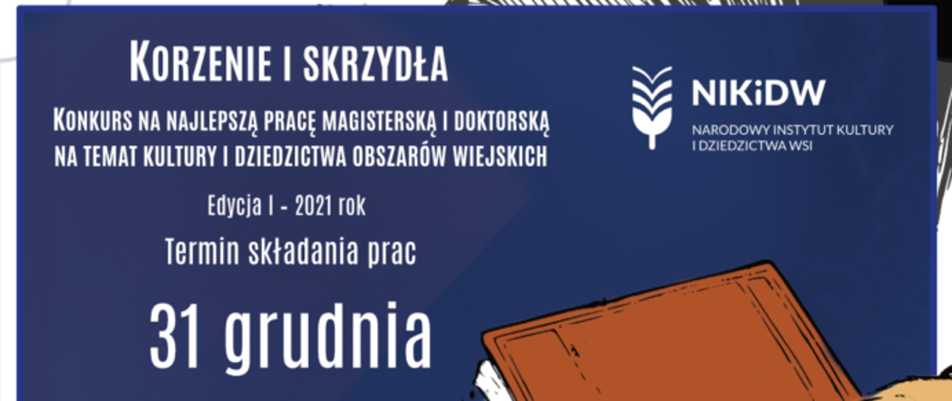 Korzenie i skrzydła, grafika z informacjami o konkursie, terminem składania prac i logiem organizatora.
