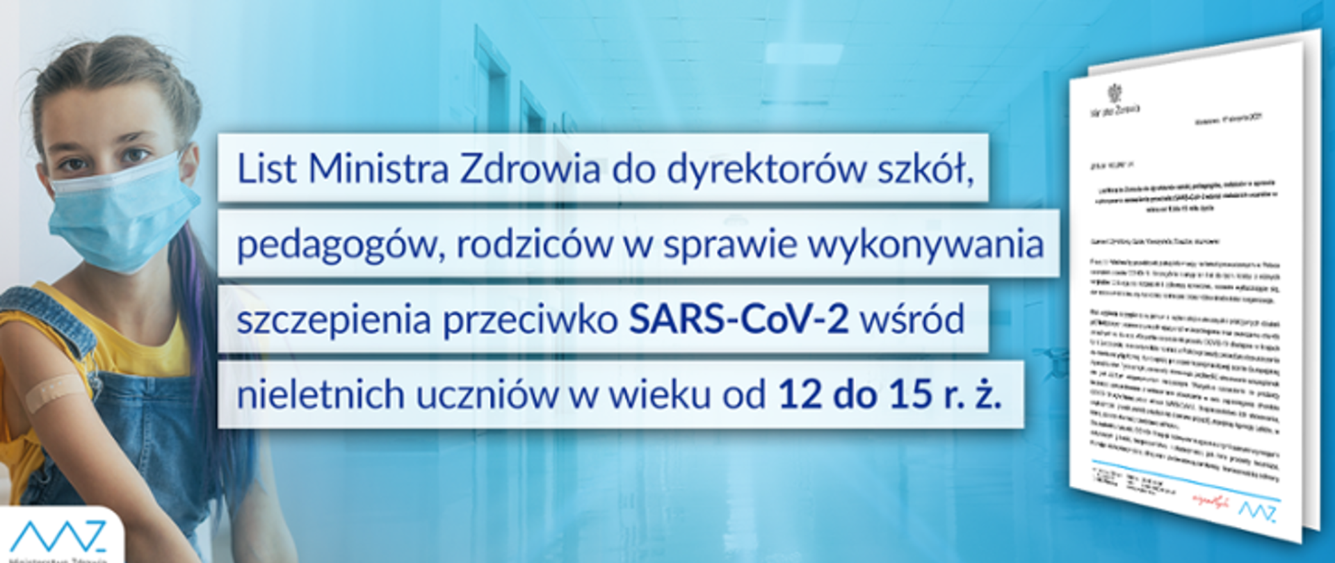 Dziewczyna po szczepieniu w masce chirurgicznej oraz zdjęciu listu
