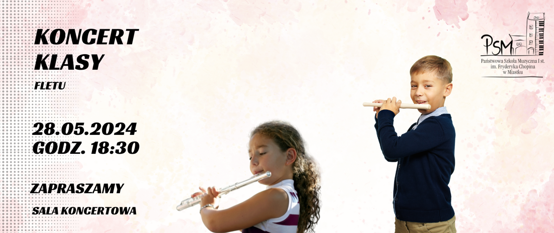 Grafika informująca o koncercie uczniów klasy fletu 28 maja 2024 o godz. 18:30 w sali koncertowej naszej szkoły.