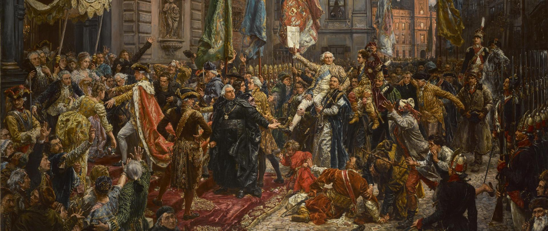 obraz Jana Matejki Konstytucja 3 Maja. Tłum wiwatujących ludzi pośrodku król Stanisław Poniatowski niesiony na rękach 