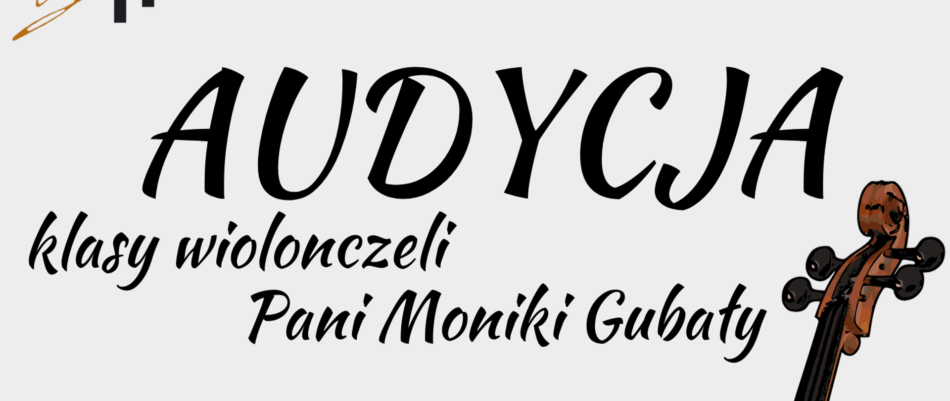 Plakat promuje audycję klasy wiolonczeli Pani Moniki Gubały w Państwowej Szkole Muzycznej im. Fryderyka Chopina w Nowym Targu. Utrzymany jest w eleganckiej, minimalistycznej stylistyce – na jasnoszarym tle dominują czarne napisy oraz duża ilustracja wiolonczeli po prawej stronie. Na plakacie podano program koncertu z utworami m.in. Bacha, Vivaldiego i Pendereckiego, nazwisko akompaniatora Jarosława Olszewskiego oraz termin wydarzenia: 18 maja 2026 roku o godz. 18.00 w sali koncertowej szkoły.