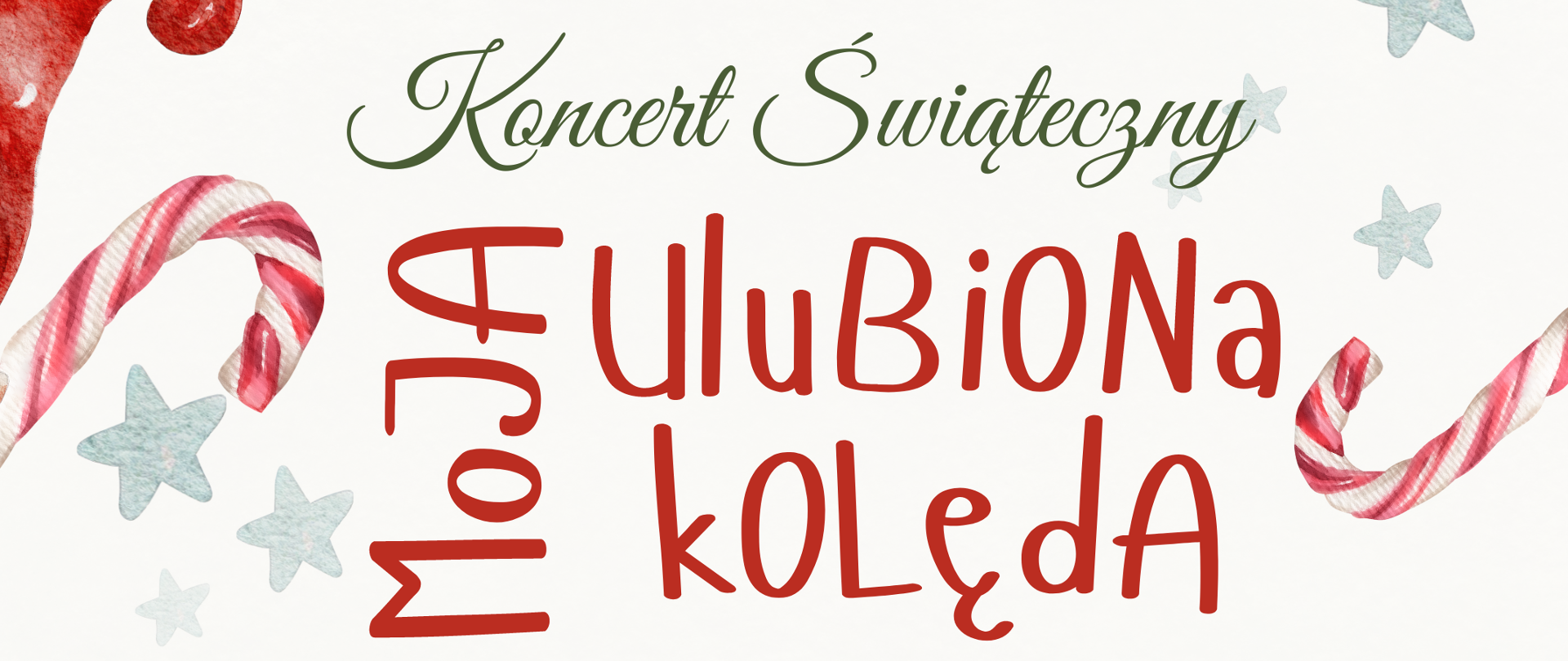Informacja dotycząca koncertu świątecznego pt. Moja ulubiona kolęda. Dookoła kolorowe obrazki świąteczne: choinki, lizaki, gwiazdki. Na dole krasnal czytający książkę. 