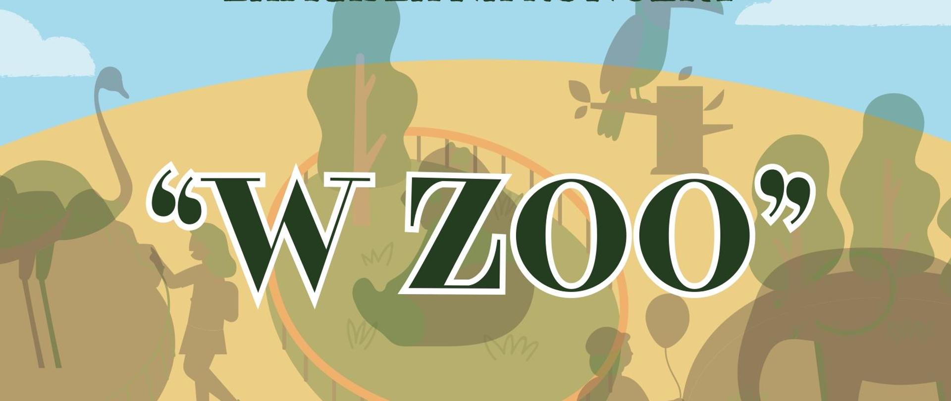 Plakat informujacy o koncercie napisy w kolorze czarnym.Klasa skrzypiec Pani Anny Małgorzty kozłowskiej zaprasza na koncert- w zoo, aula psm 18-04-2024 godz. 17:00 serdecznie zapraszamy. Tło w kolorze pasku na tle cienie zwierząt i ludzi zwiedzających zoo na górze zarys nieba z obłokami.