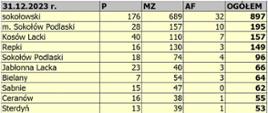 Zestawienie zdarzeń w rozbiciu na podział administracyjny w powiecie sokołowskim w 2023 roku w tabeli exel