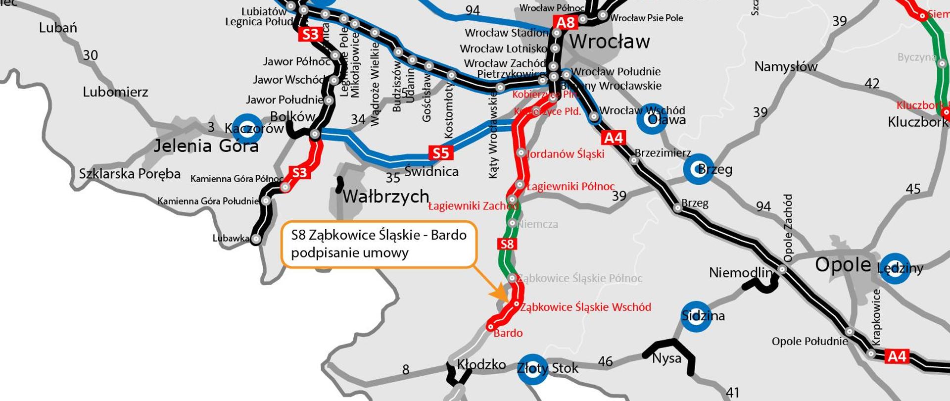 Mapa z przebiegiem S8 na południe od Wrocławia