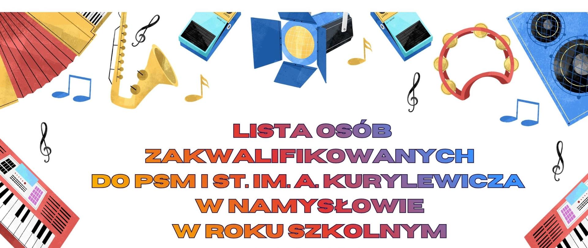 Plakat z białym tłem, na którym znajduje się napis koloru pomarańczowego Lista osób zakwalifikowanych do PSM I st. im. A. Kurylewicza w Namysłowie na rok szkolny 2026/2027. Na dole plakatu znajdują się postacie z instrumentami. Na górze plakatu oraz po bokach znajdują się instrumenty klawiszowe oraz nutki.