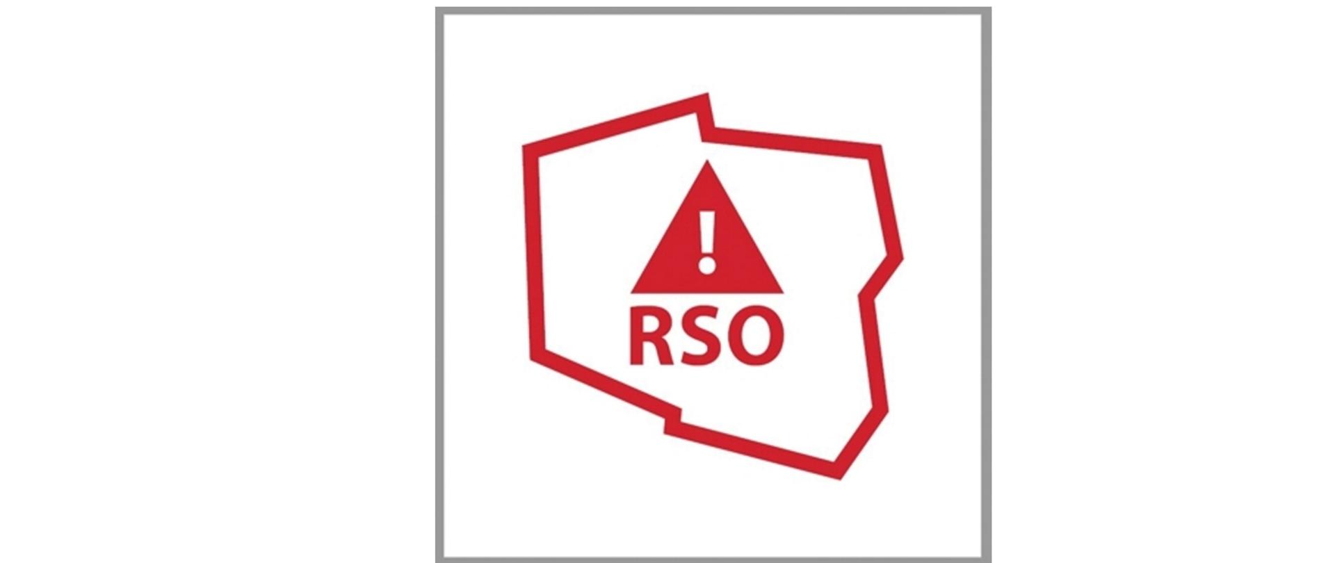 Logo przedstawia zaznaczony na czerwono kontur granic Polski, wewnątrz umieszczono czerwony równoramienny trójkąt, na nim biały wykrzyknik. Pod trójkątem podpis RSO.