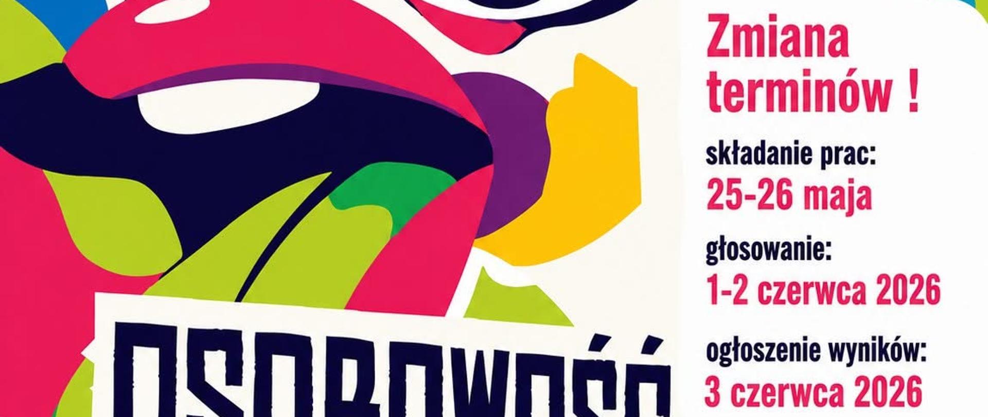 Plakat z tekstem Artystyczna Osobowość Roku 2026. Zmiana terminów! Składanie prac 25–26 maja 2026. Głosowanie 1–2 czerwca 2026. Ogłoszenie wyników 3 czerwca 2026